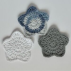 Star-Shaped Crochet Coaster set- Blue, Gray, and White